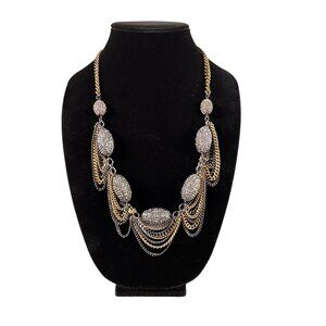 Talbots Gold Silver Gun Metal Multi-Chain Statement Necklace Crystal Bea…